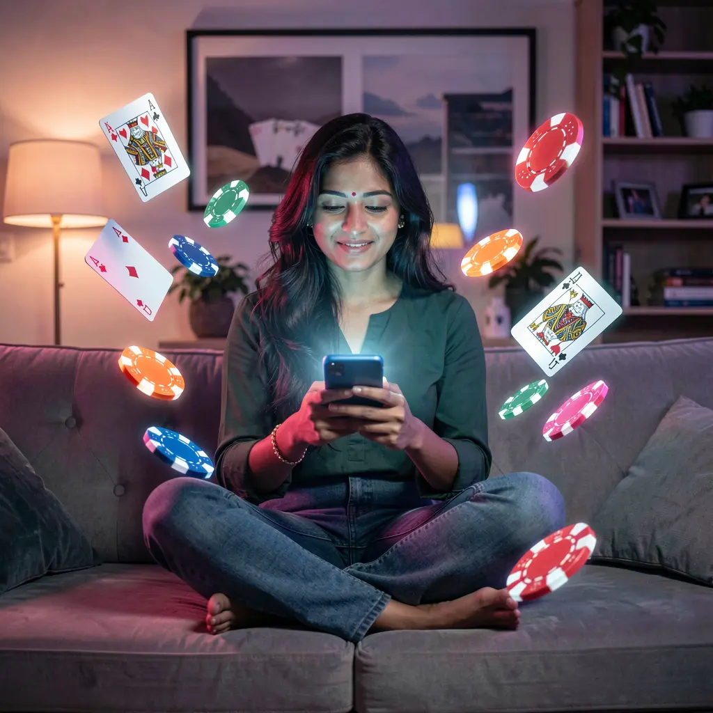 Stylish Bangladeshi woman enjoying casino games on the 60OK app with glowing chips and cards around her in a cinematic mobile gaming scene