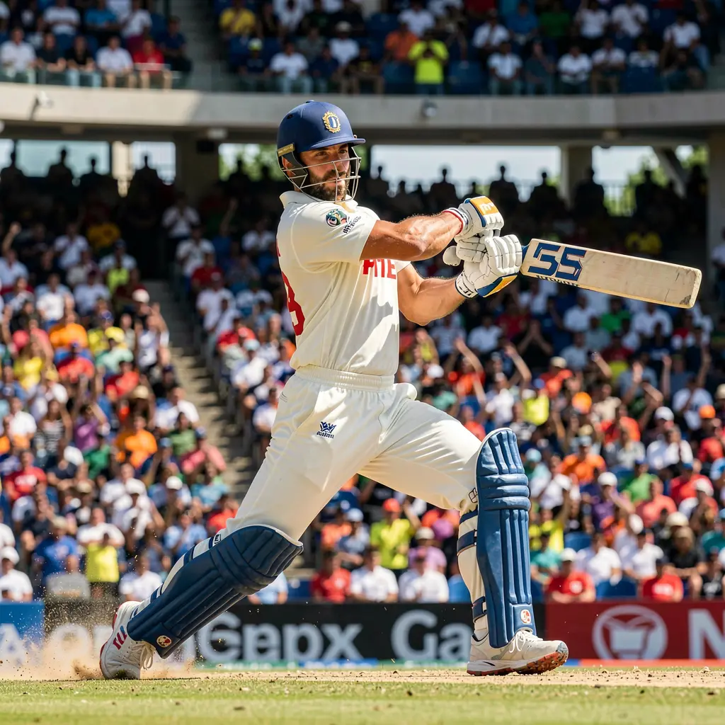 Professional cricket batsman playing an aggressive shot in a packed stadium capturing the excitement of live cricket betting with 60OK in Bangladesh