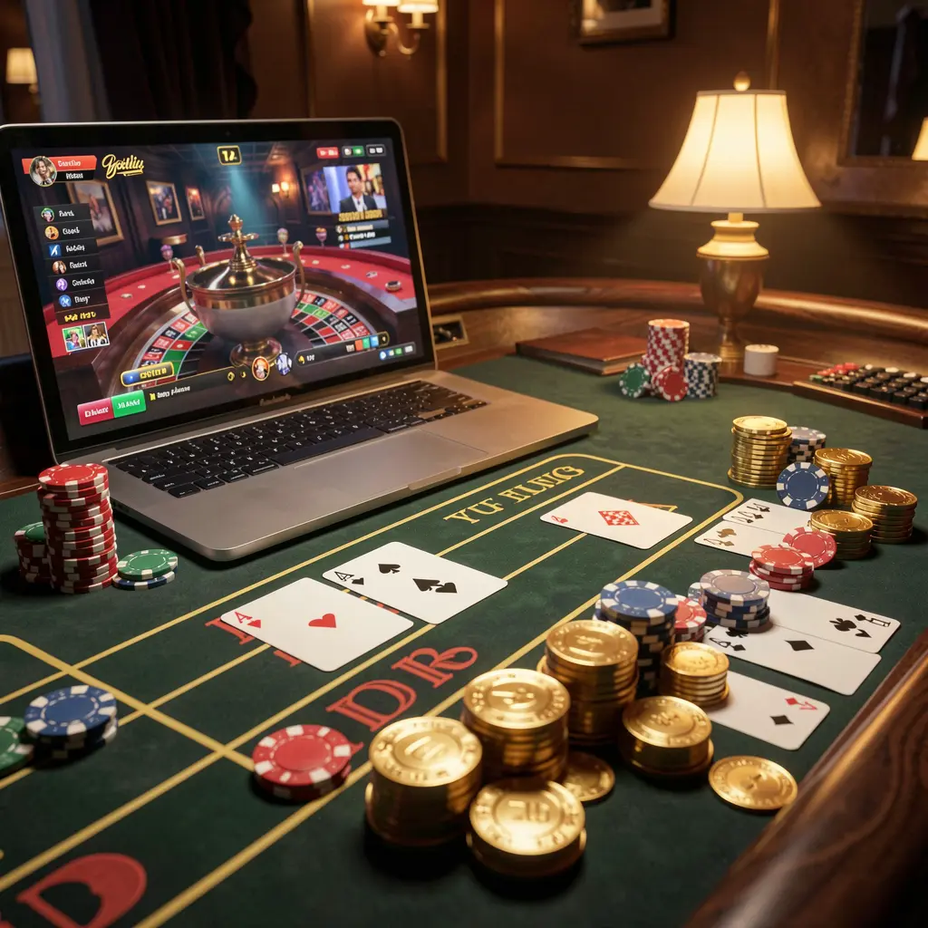 Close-up of a modern roulette wheel with stacked casino chips and a live dealer interface highlighting the premium live casino action available at 60OK