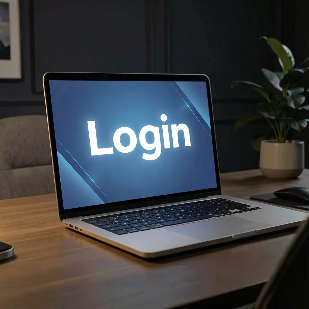 Modern laptop on a wooden desk with a glowing login screen representing secure access to the 60OK gaming platform in Bangladesh